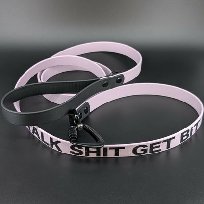 lavender and black biothane dog leash with carabiner clip and talk shit get bit text