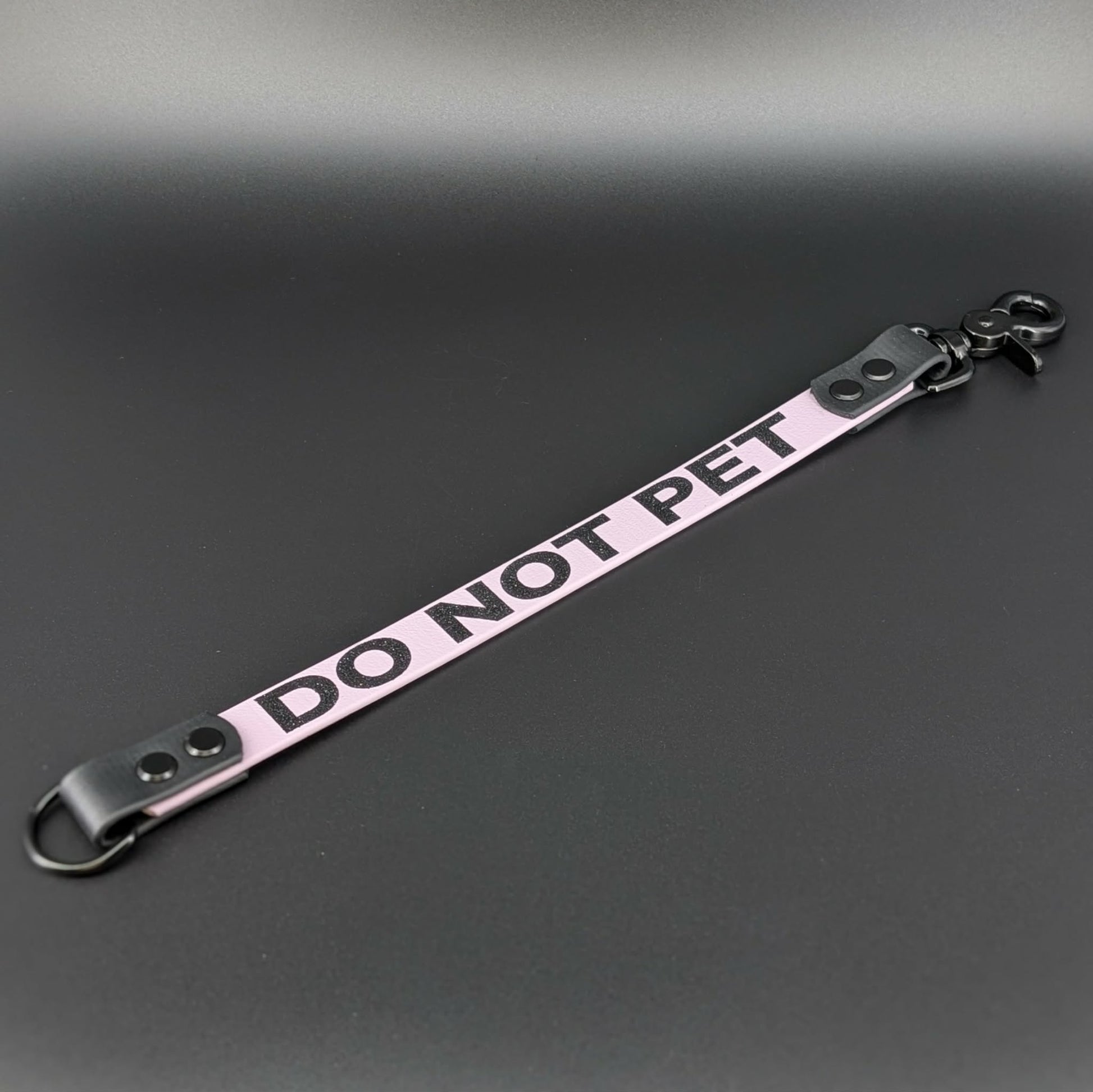 lavender and black biothane leash extender with do not pet text