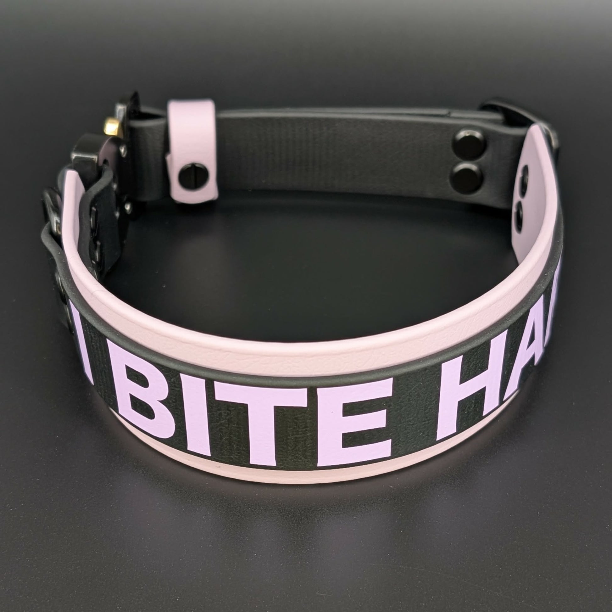 lavender and black layered biothane dog collar with quick release cobra buckle and I bite hard text