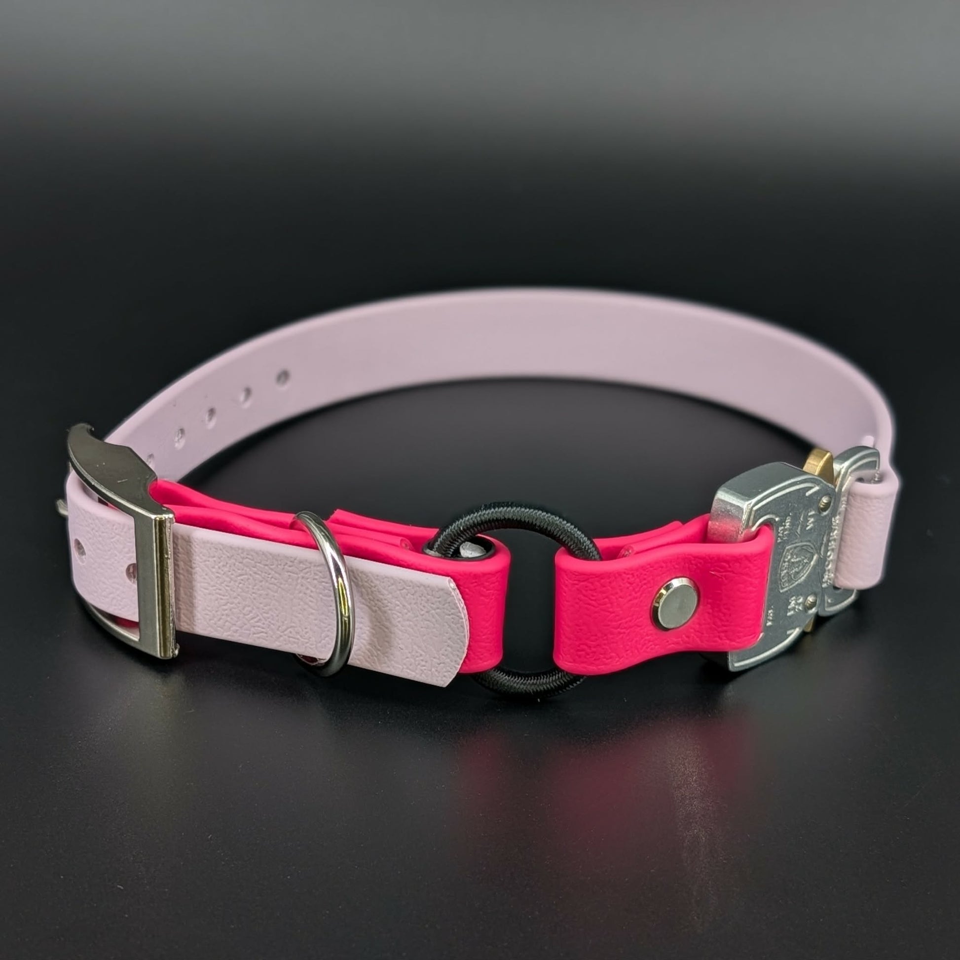 lavender and pink biothane e-collar strap with bungee and quick release cobra buckle