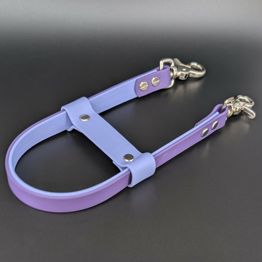 lavender and purple layered biothane pull strap for forward momentum pulling service dog