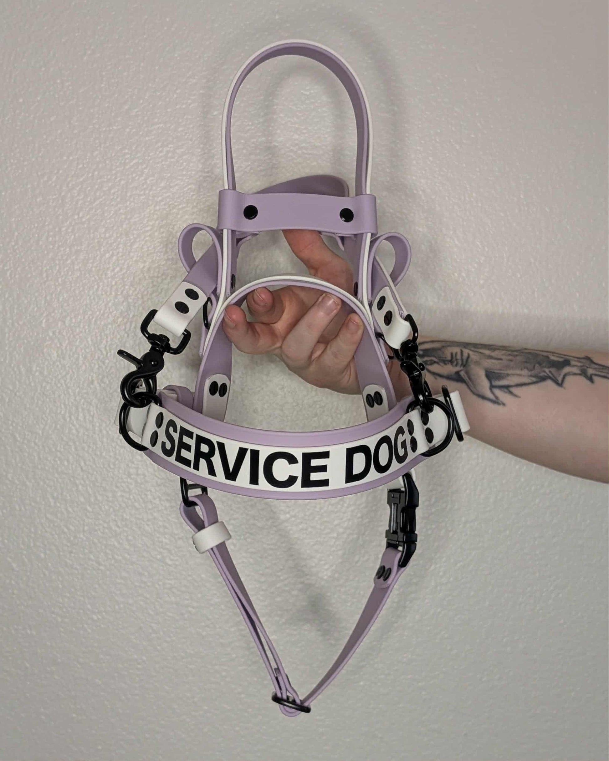 lavender and white biothane counterbalance harness for service dog with pull strap