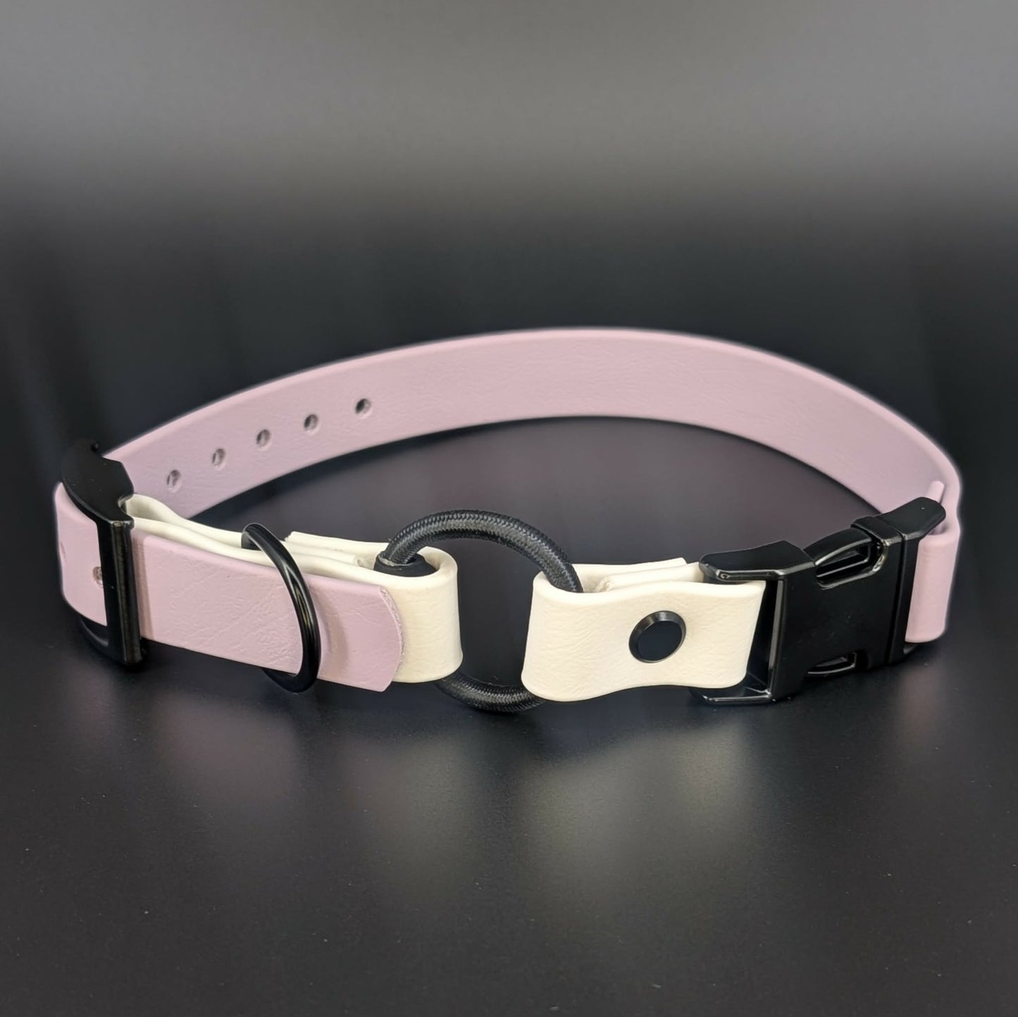 lavender and white biothane e-collar strap with bungee and quick release buckle