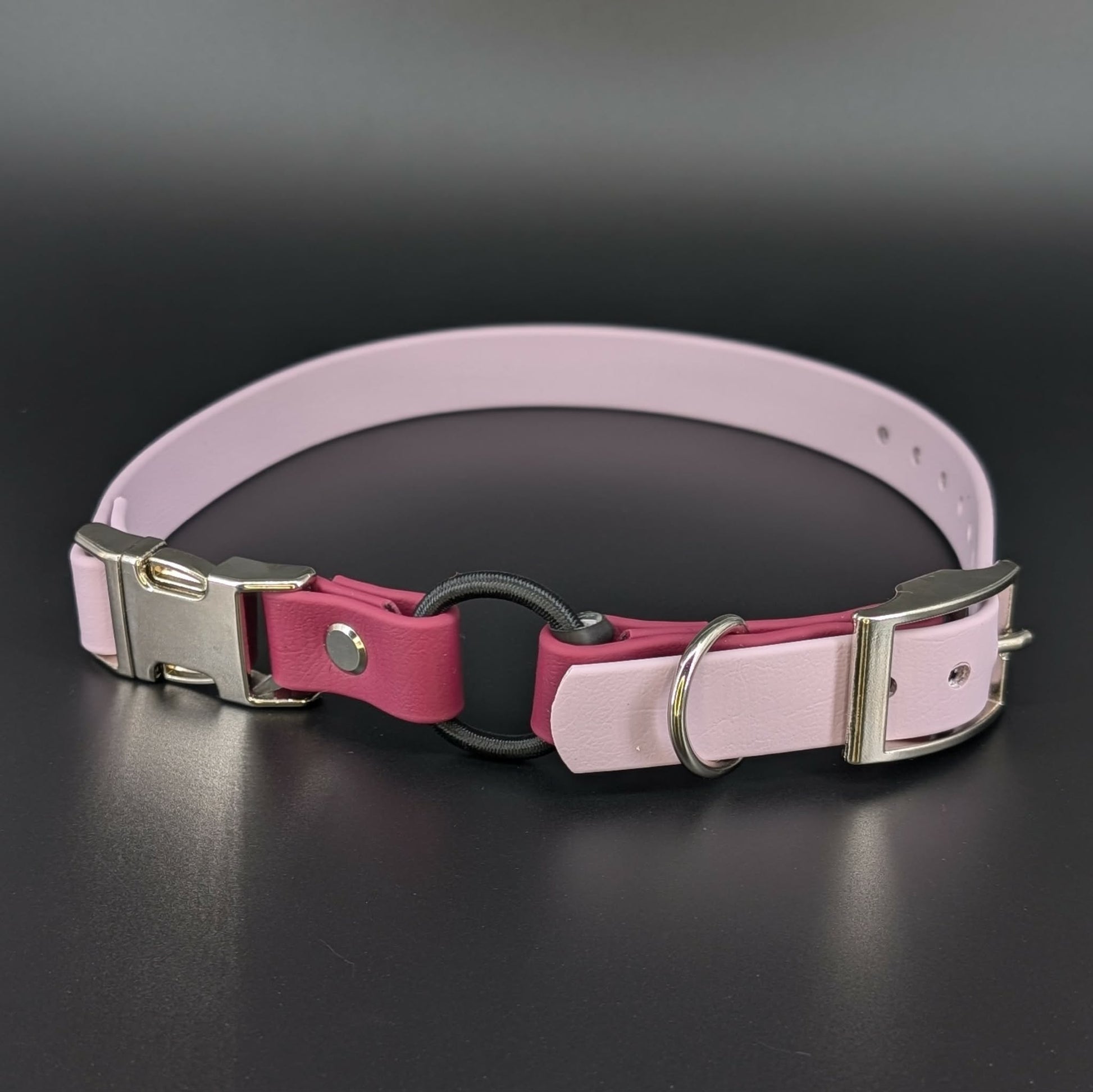 lavender and wine biothane e-collar strap with bungee and quick release buckle