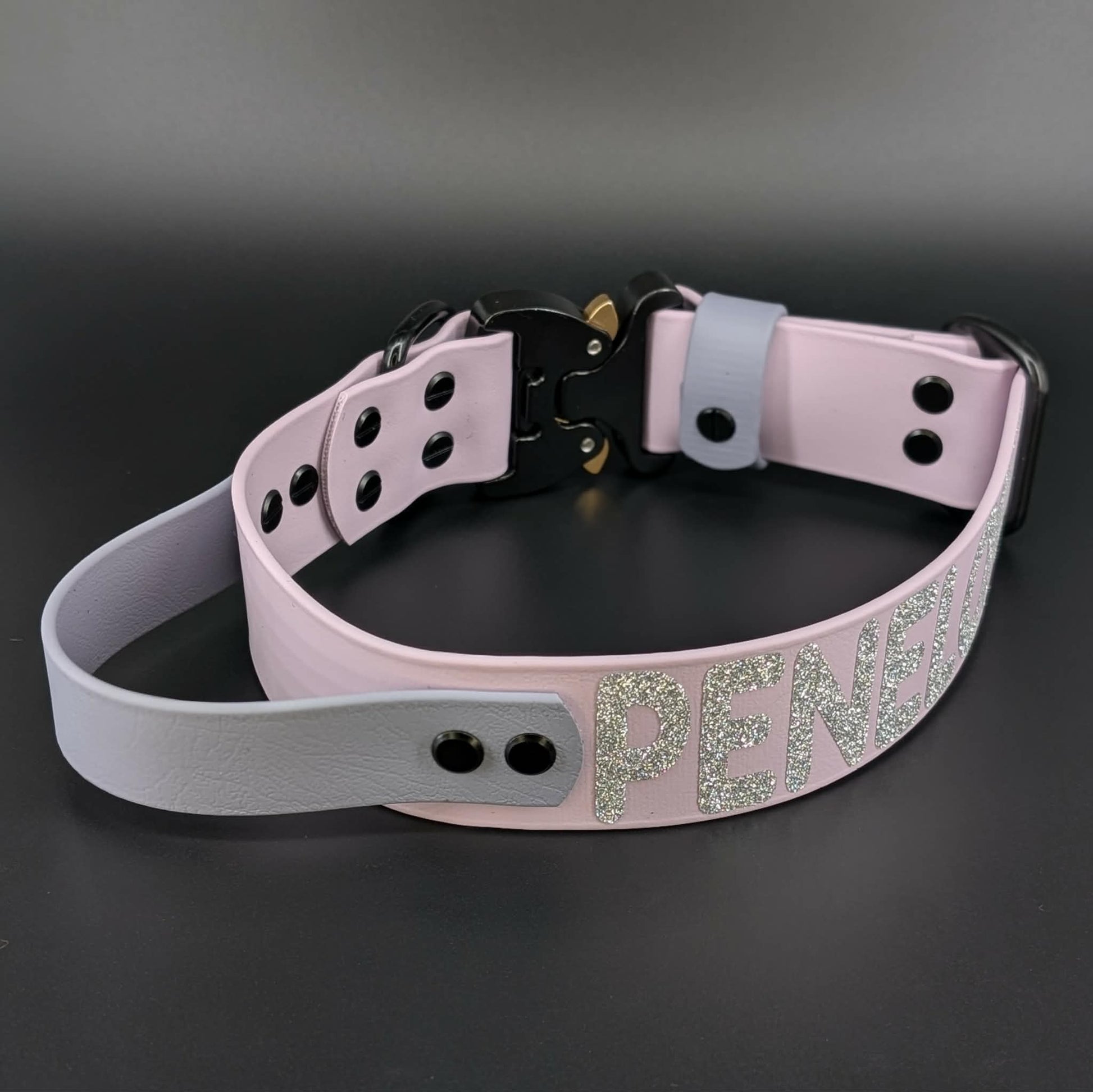 lavender biothane dog collar with-gray tactical handle custom text and quick release cobra buckle