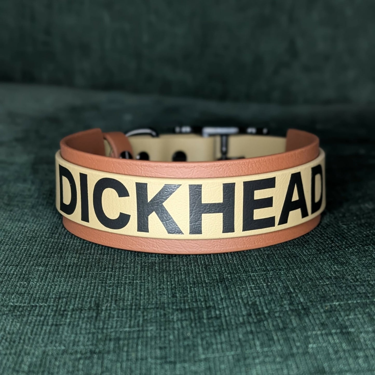 layered biothane dog collar with 'DICKHEAD' text on a green textured background