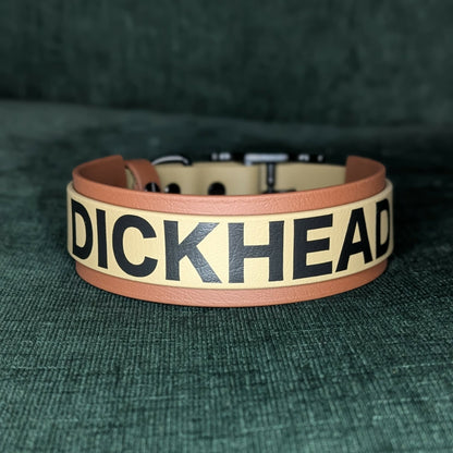 layered biothane dog collar with 'DICKHEAD' text on a green textured background