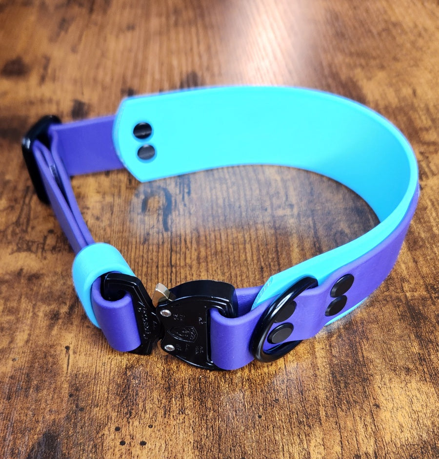 layered biothane dog collar with quick release cobra buckle and custom text