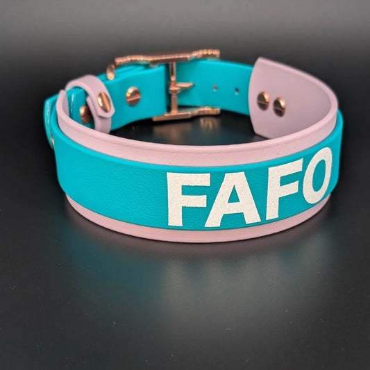 layered lavender and teal biothane dog collar FAFO