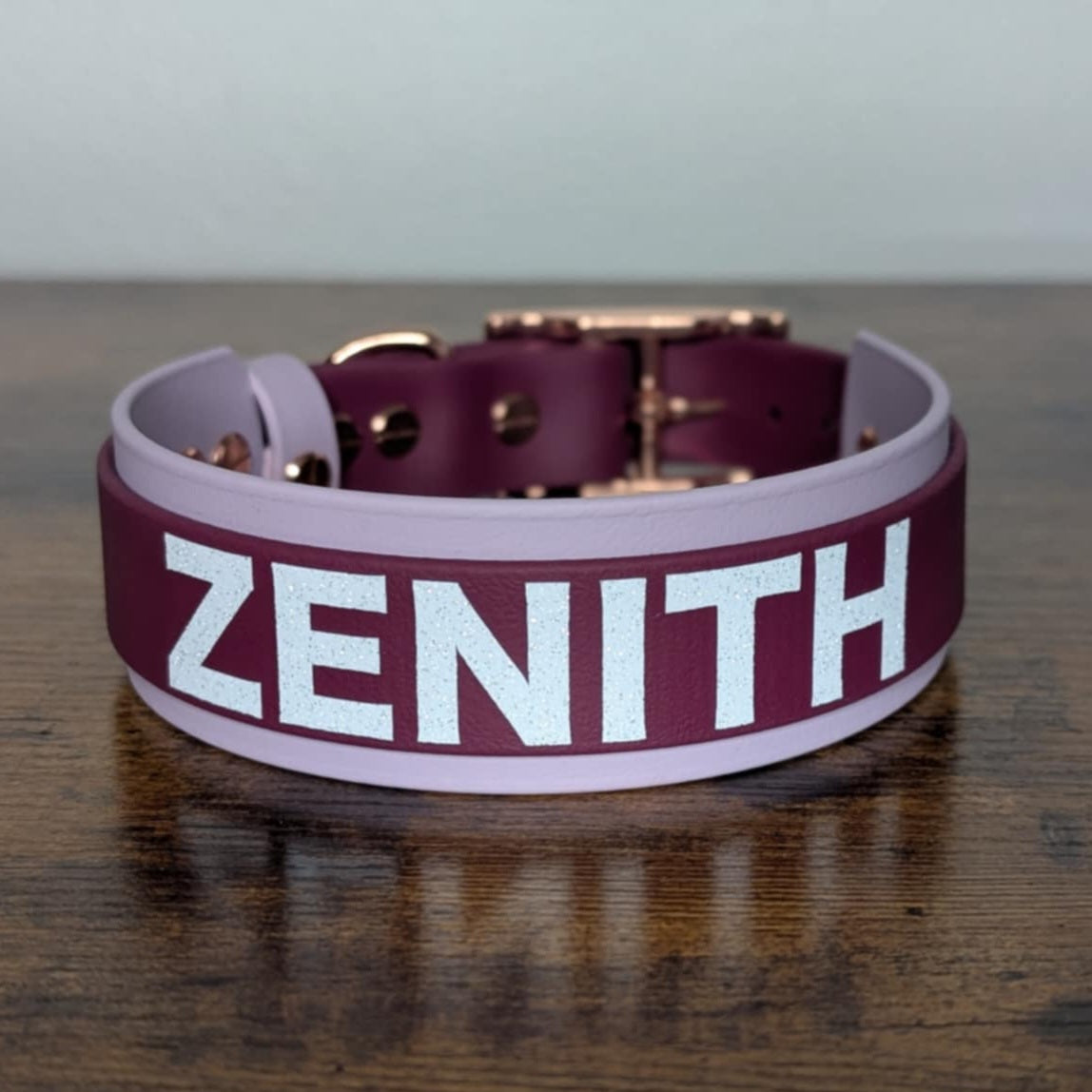layered lavender and wine biothane dog collar with custom name text and rose gold hardware