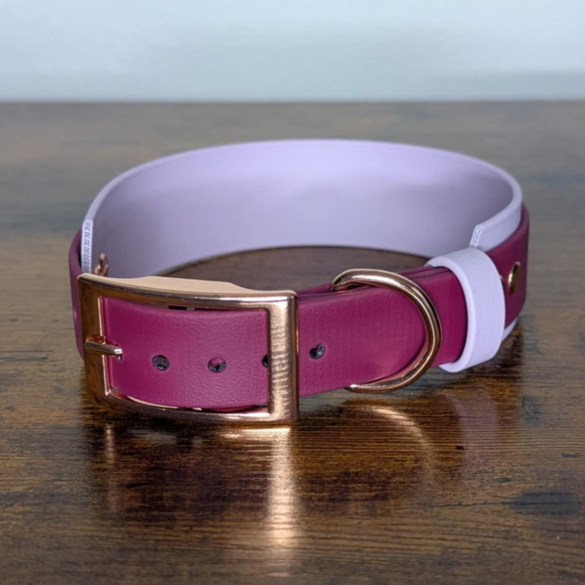 layered lavender and wine biothane dog collar with rose gold hardware