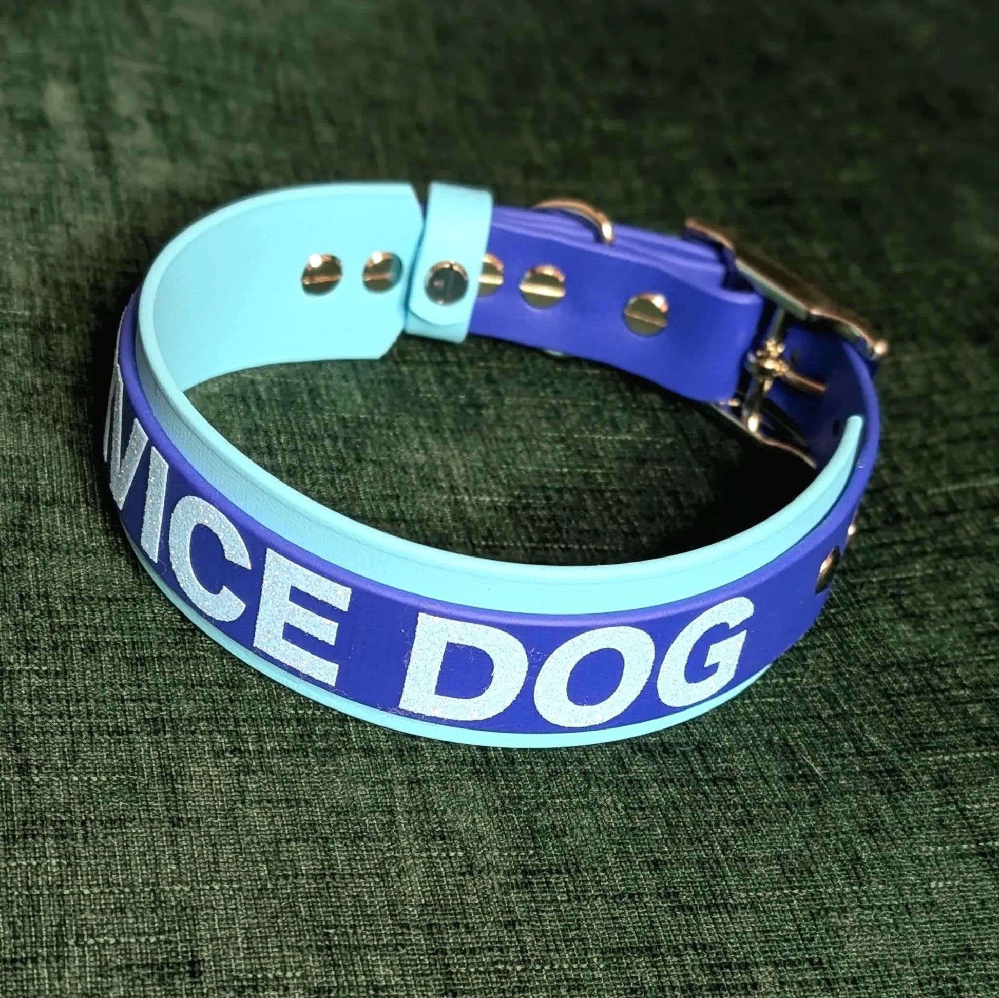 layered light and royal blue biothane service dog collar