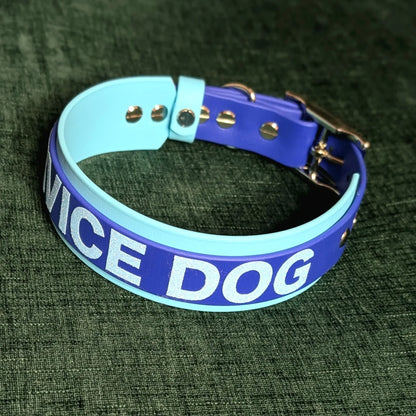 layered light and royal blue biothane service dog collar