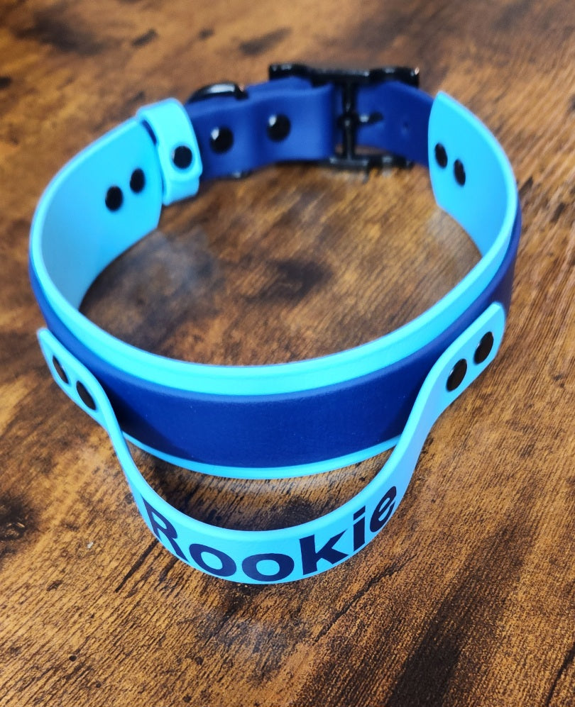 light and dark blue biothane tactical handle dog collar with custom text