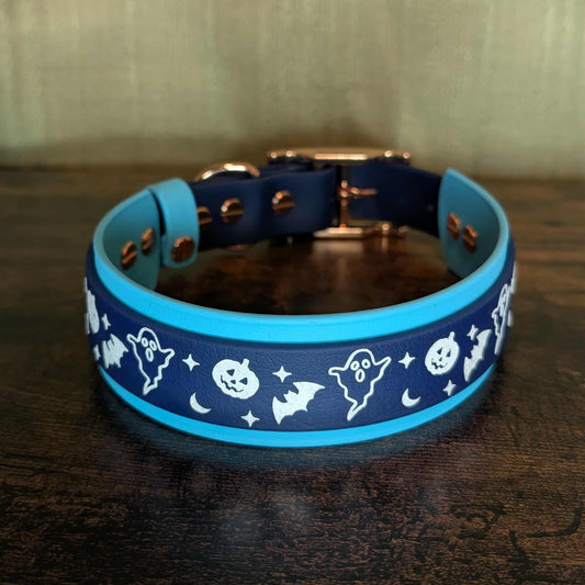 light and dark blue layered biothane halloween dog collar