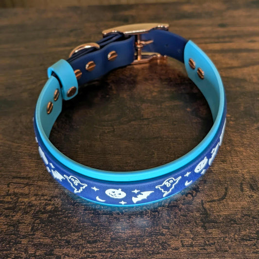light and dark blue layered biothane rose gold hardware halloween dog collar