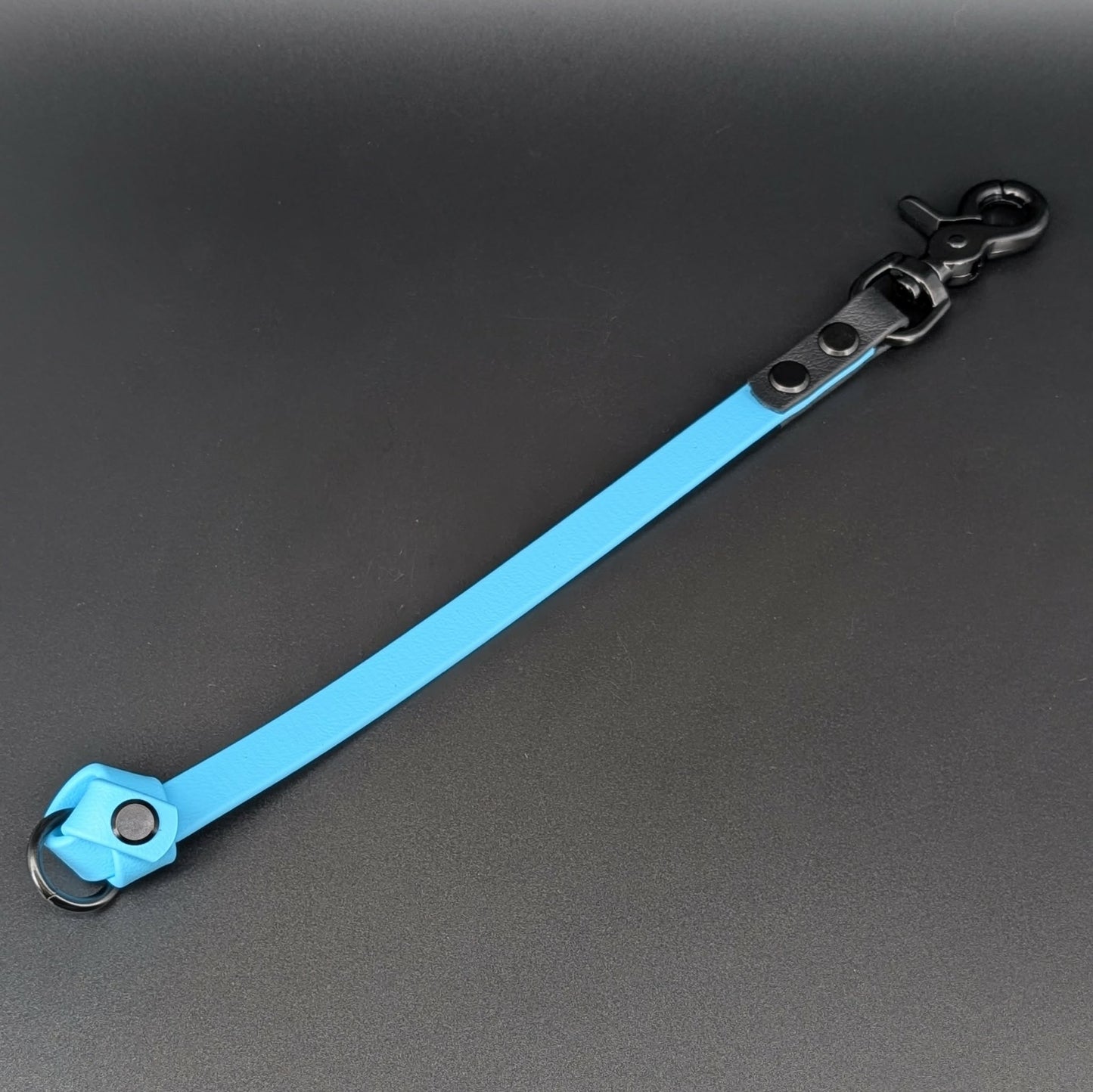 light blue and black biothane knotted traffic tab for dog training