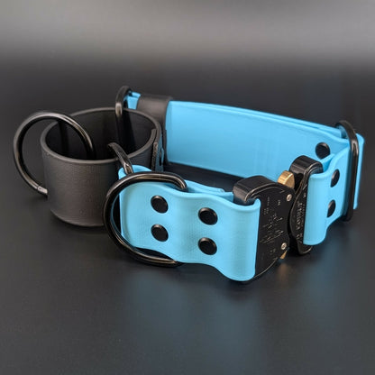 light blue and black biothane martingale dog collar with quick release cobra buckle