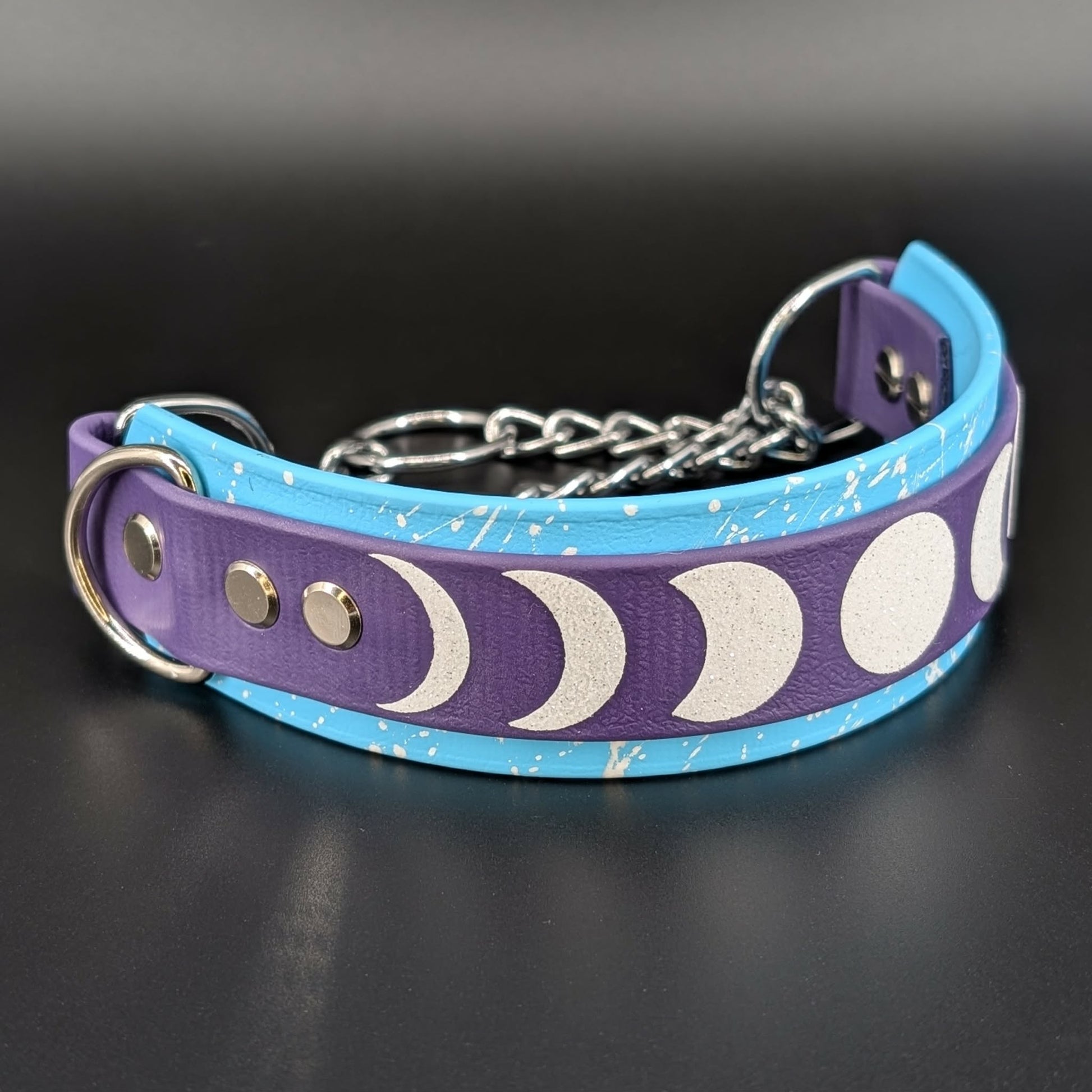 light blue and dark purple layered biothane martingale moon phases dog collar