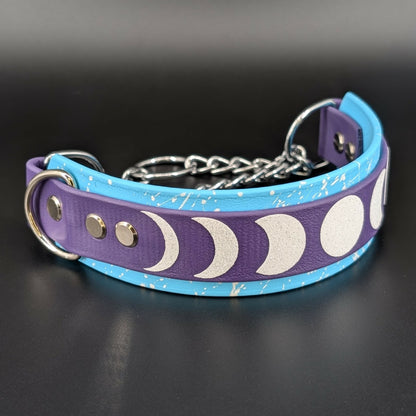 light blue and dark purple layered biothane martingale moon phases dog collar