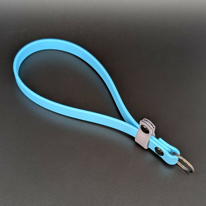 light blue and gray biothane e-collar wrist strap for e-collar remote
