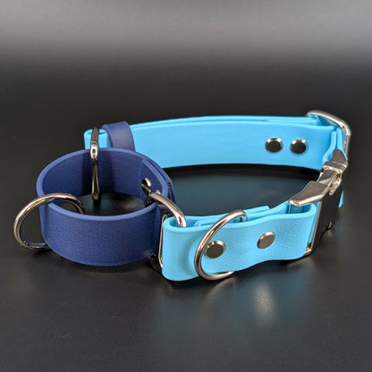 light blue and navy biothane martingale dog collar with silver quick release buckle