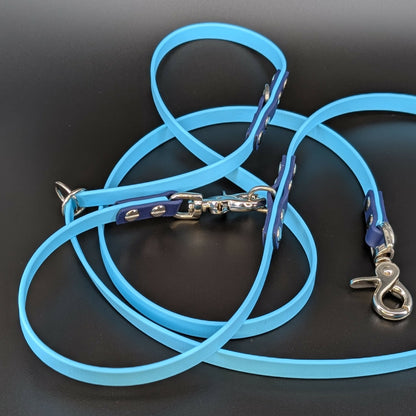 light blue and navy blue biothane hands free dog leash