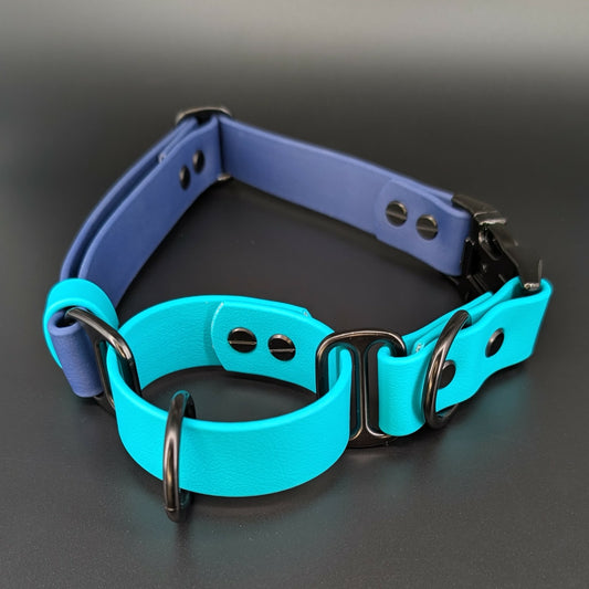 light blue and navy blue biothane martingale dog collar with quick release buckle