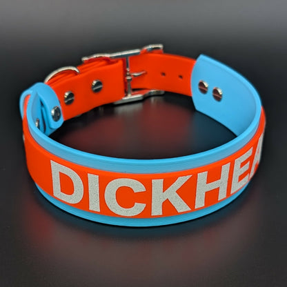 light blue and orange layered biothane dickhead collar