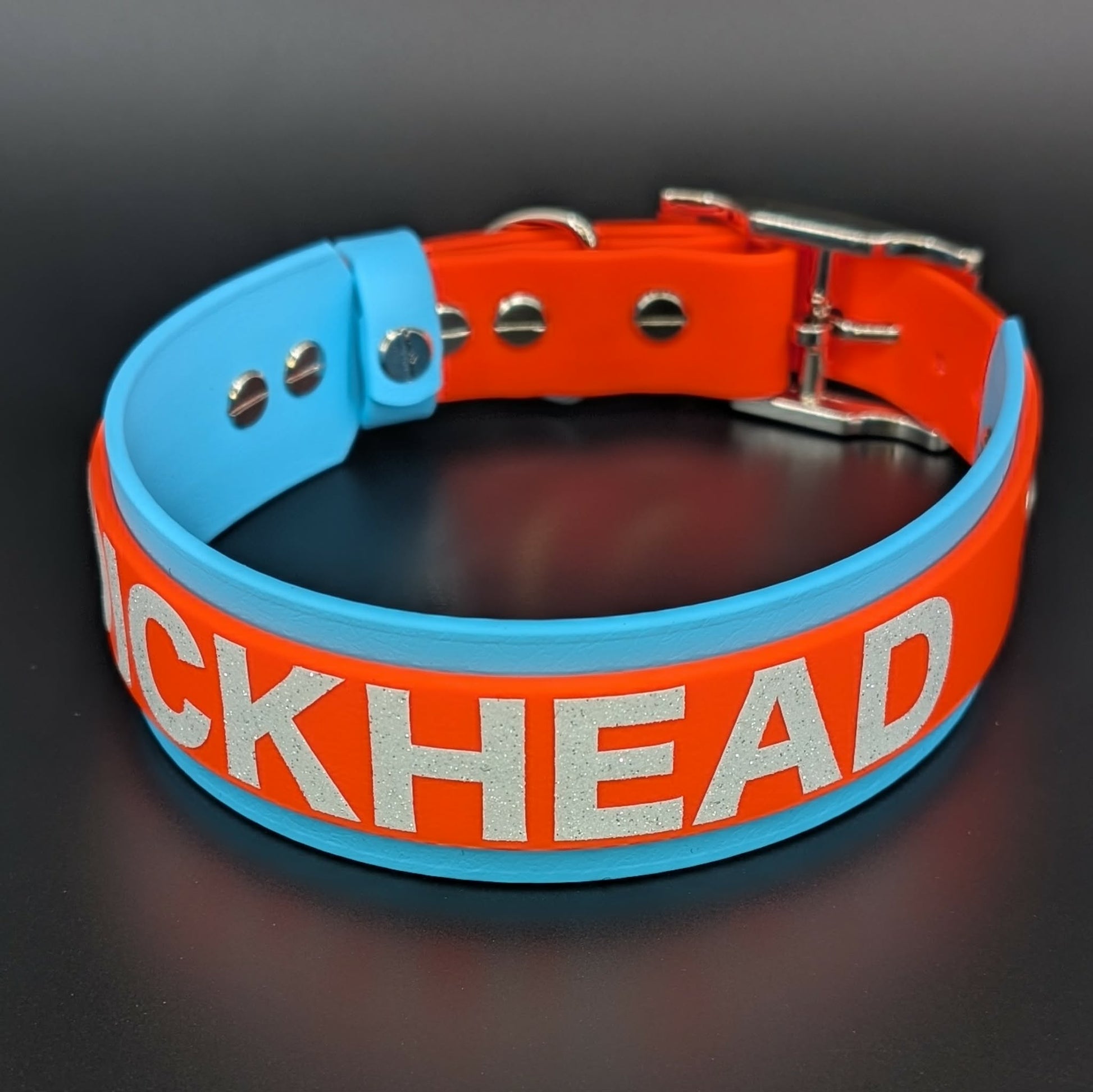 light blue and orange layered biothane dickhead dog collar