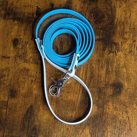 light blue and white biothane leash for dogs