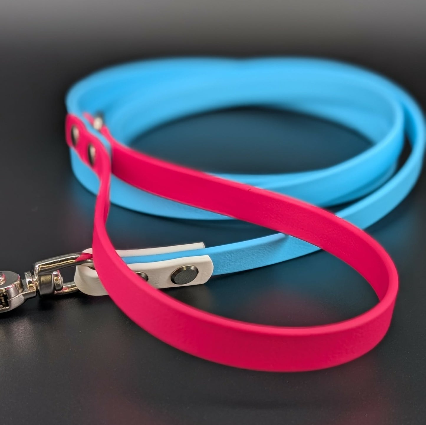 light blue pink and white biothane dog leash