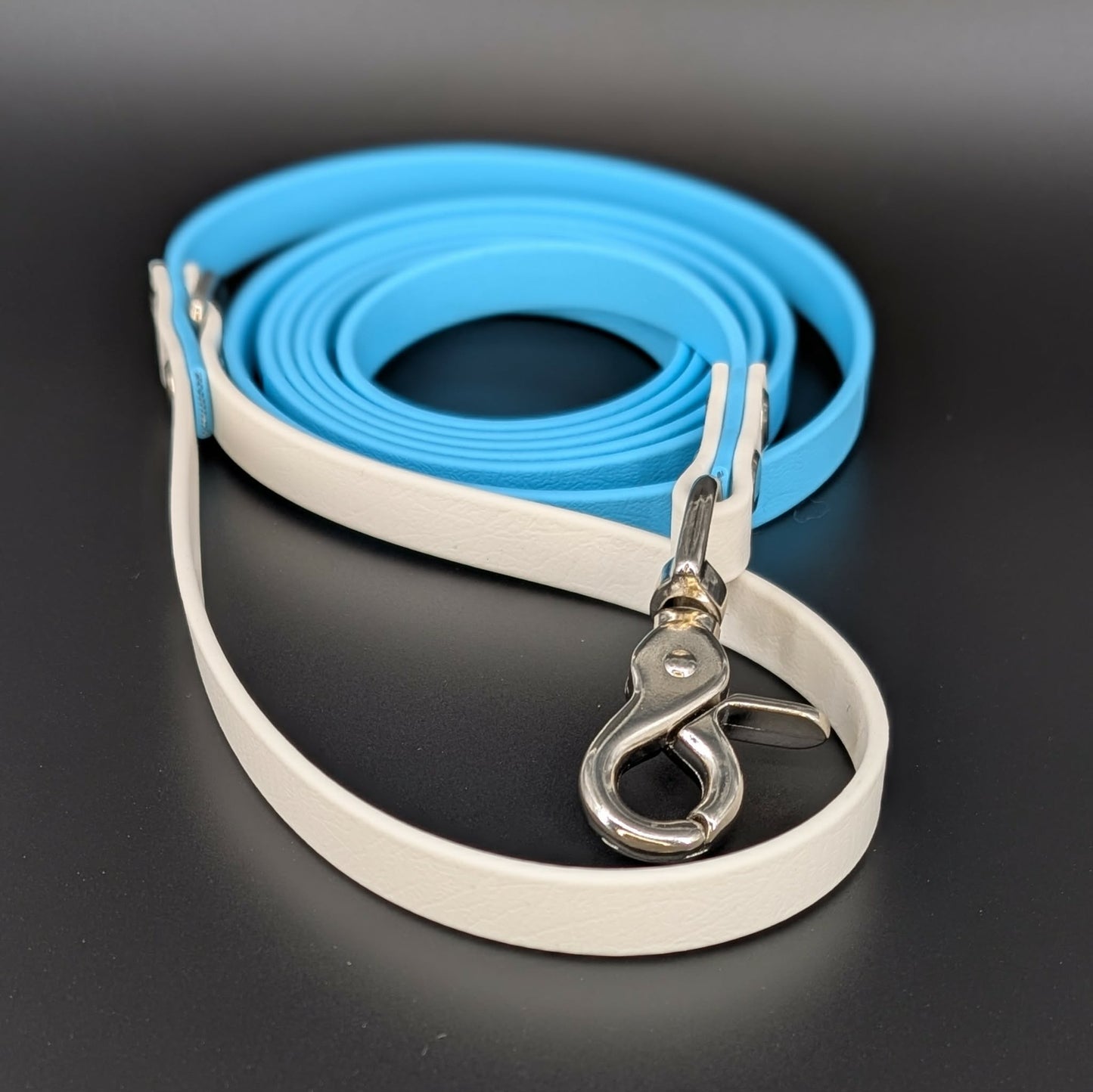 light blue and white biothane dog leash