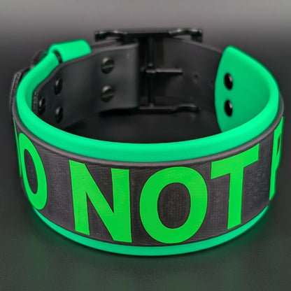 light green and black layered biothane dog collar with do not pet text
