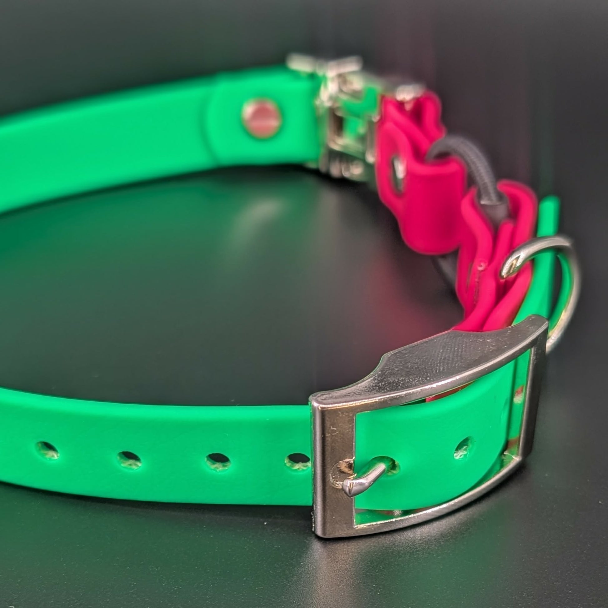 light green and pink biothane e-collar strap with silver hardware