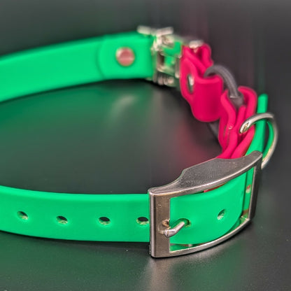 light green and pink biothane e-collar strap with silver hardware