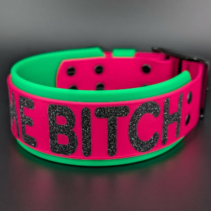 light green and pink layered biothane dog collar with glitter try me bitch text
