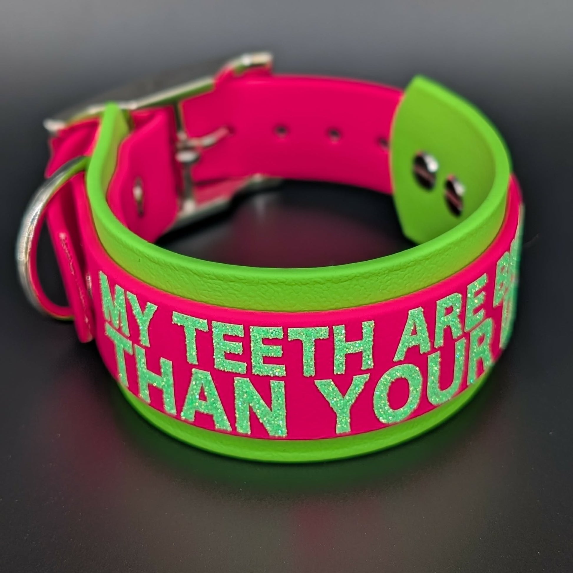 light green and pink layered biothane dog-collar wth my teeth are bigger than your dick text