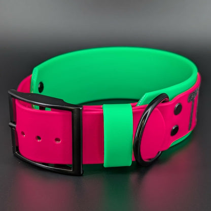 light green and pink layered biothane try me bitch collar