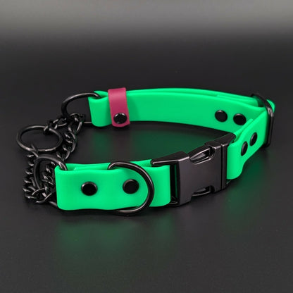 light green and wine biothane chain martingale dog collar with quick release buckle and black hardware