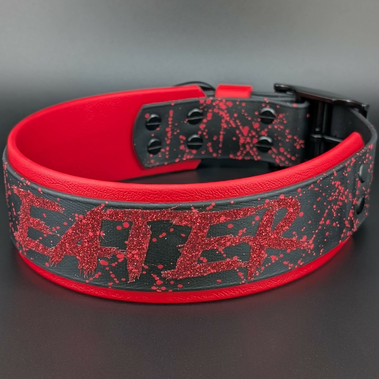 man eater dog collar with splatter paint 2 inch wide red and black biothane