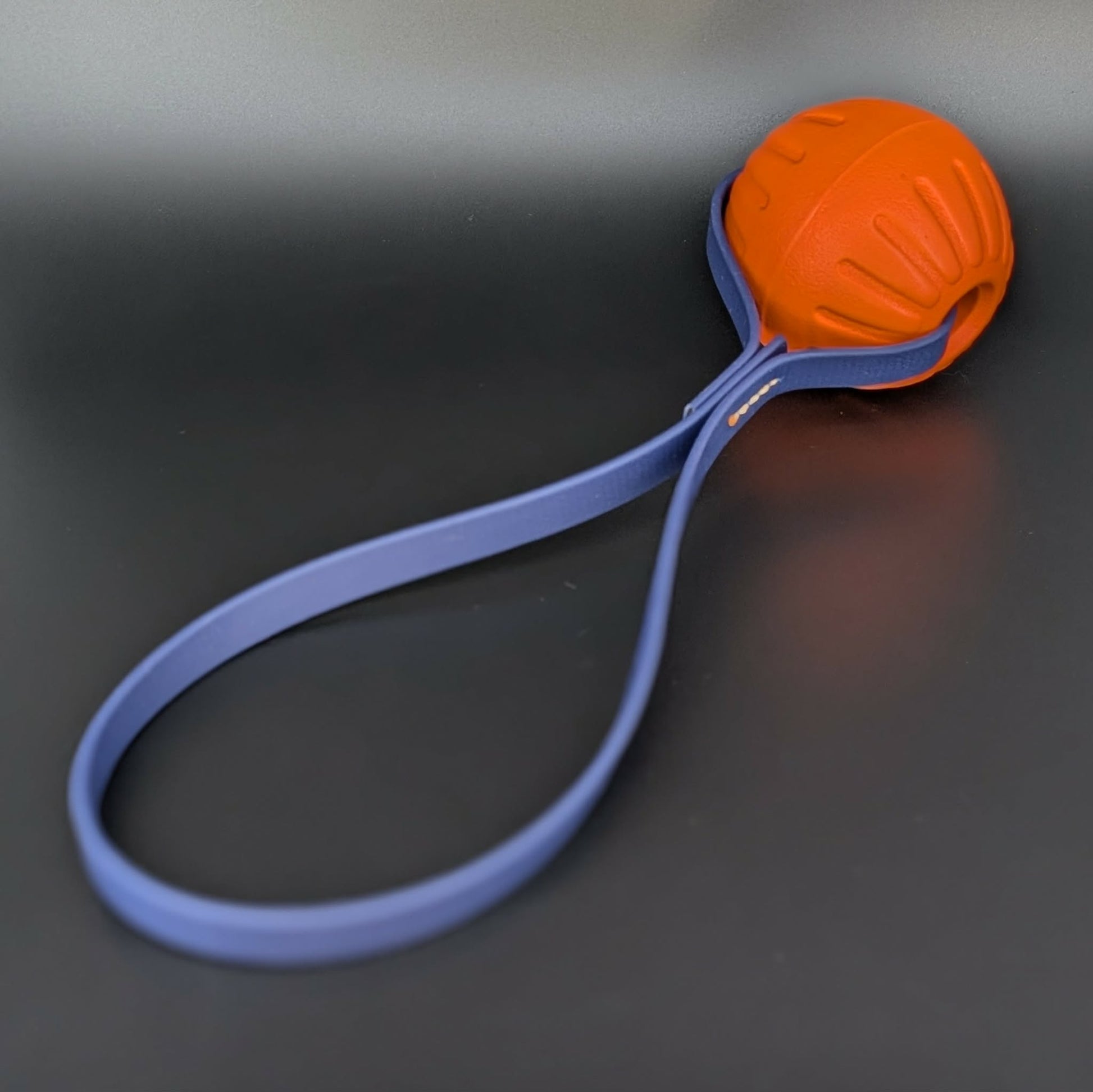 medium orange eva foam ball tug with navy blue biothane loop handle