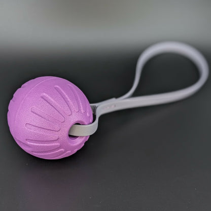 medium purple eva foam ball tug with a gray biothane loop handle