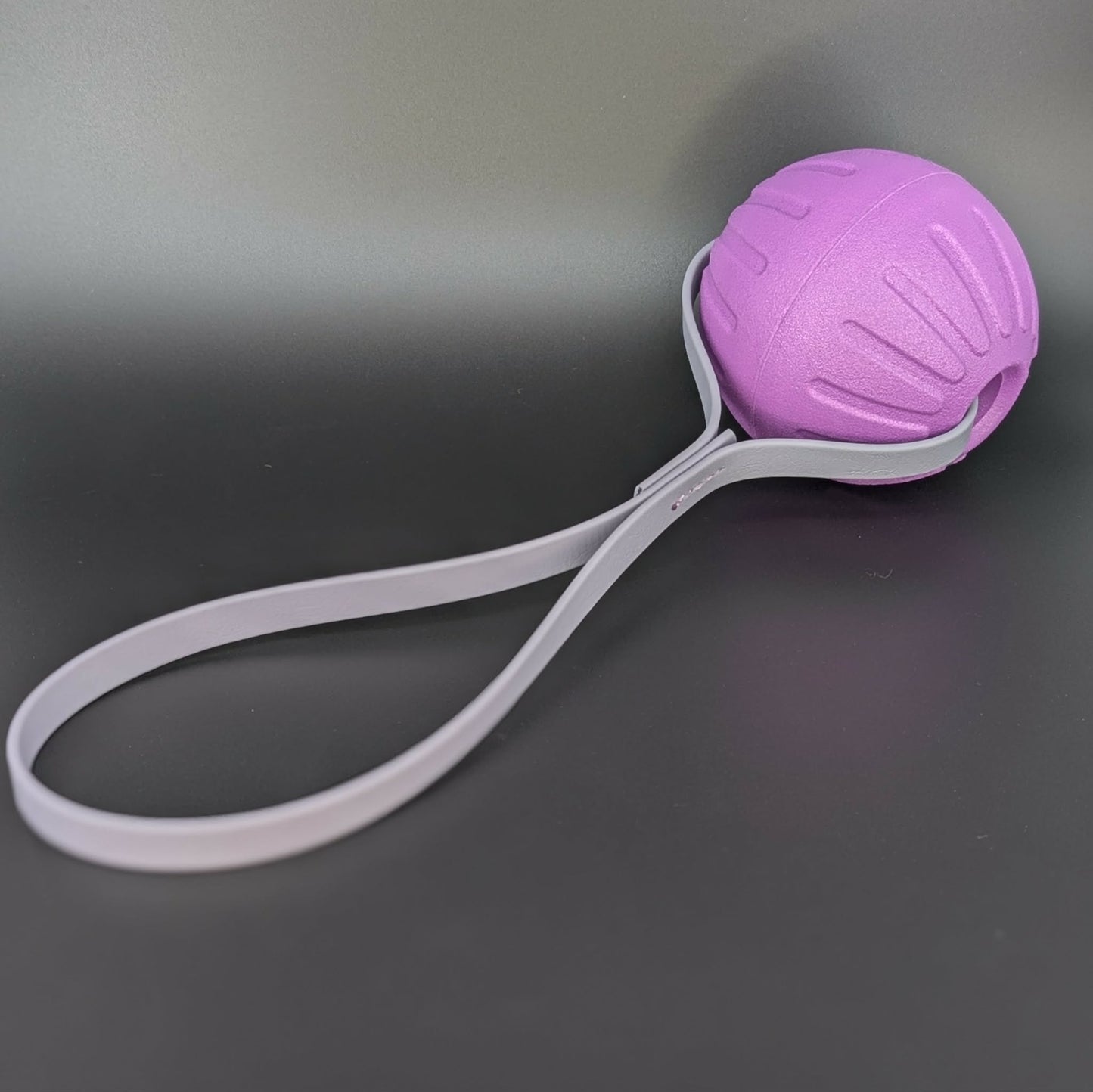 medium purple eva foam ball tug with gray biothane loop handle