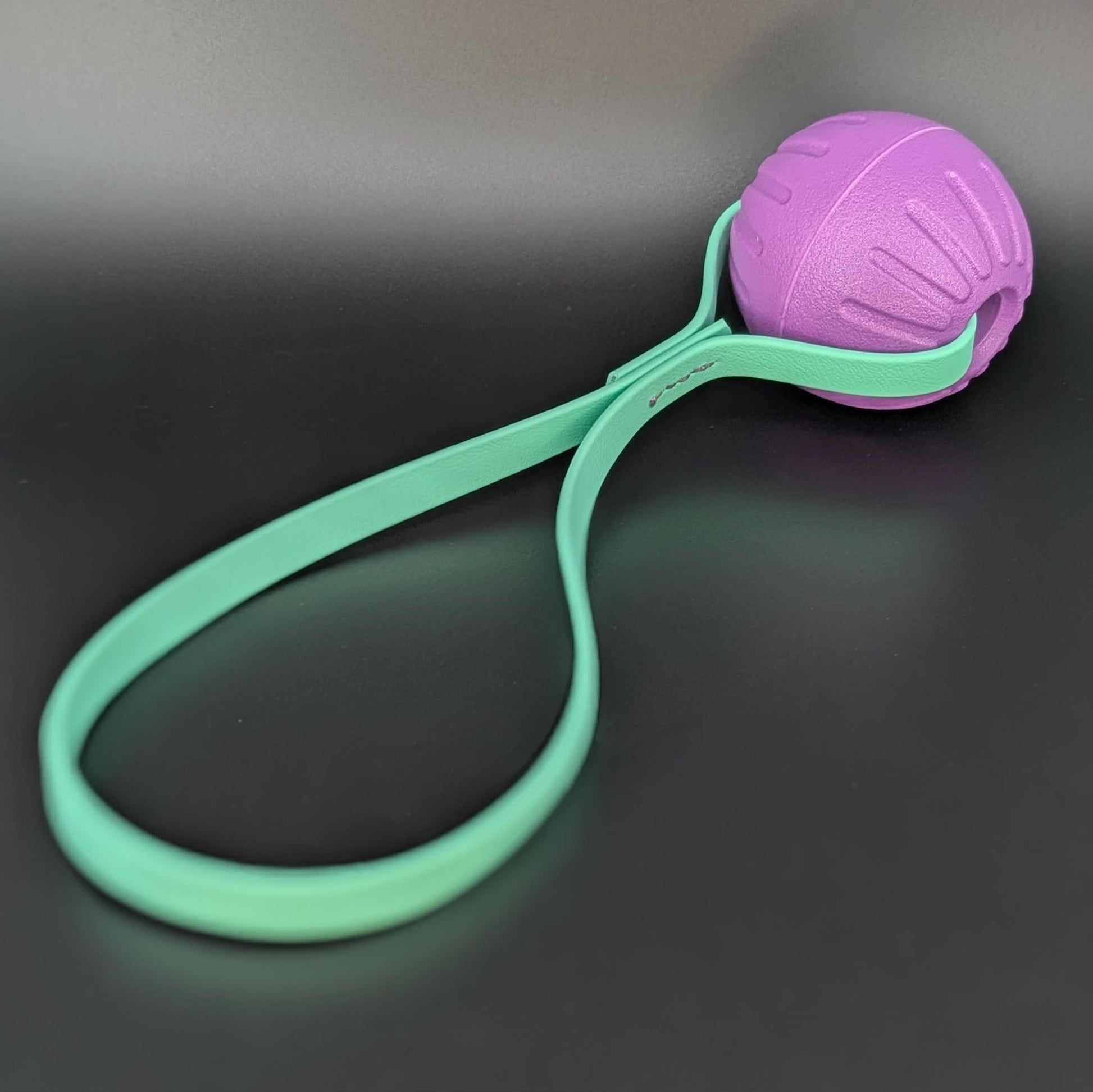 medium purple eva foam ball tug with mint green biothane loop handle