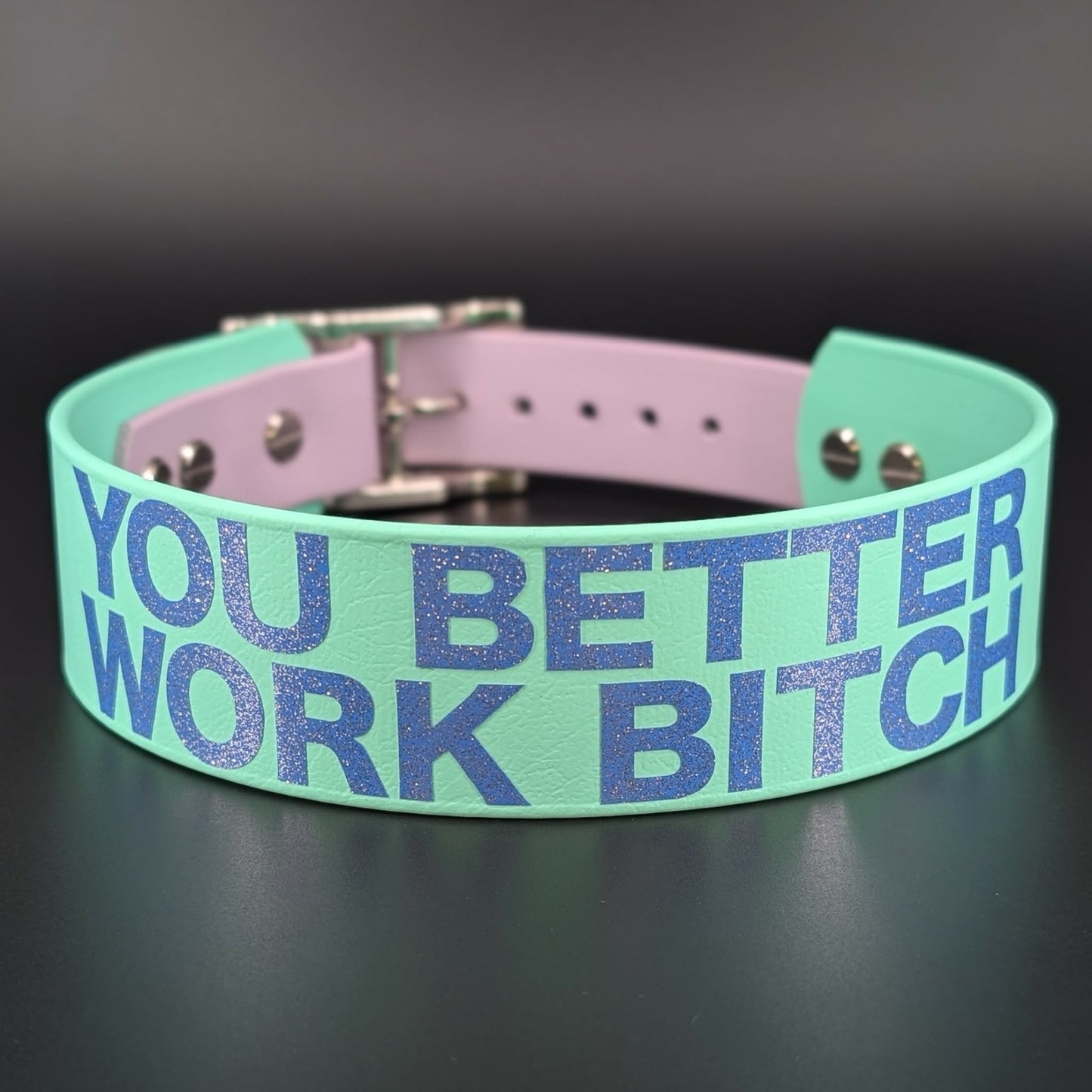 mint green and lavender tapered biothane dog collar with periwinkle blue glitter you better work bitch text