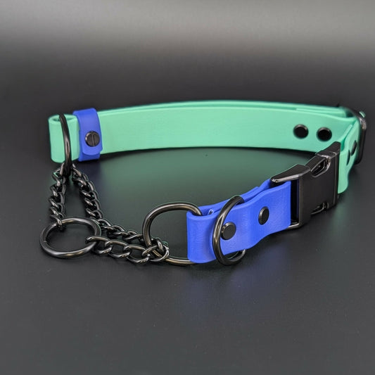 mint green and royal blue biothane chain martingale collar with quick release buckle