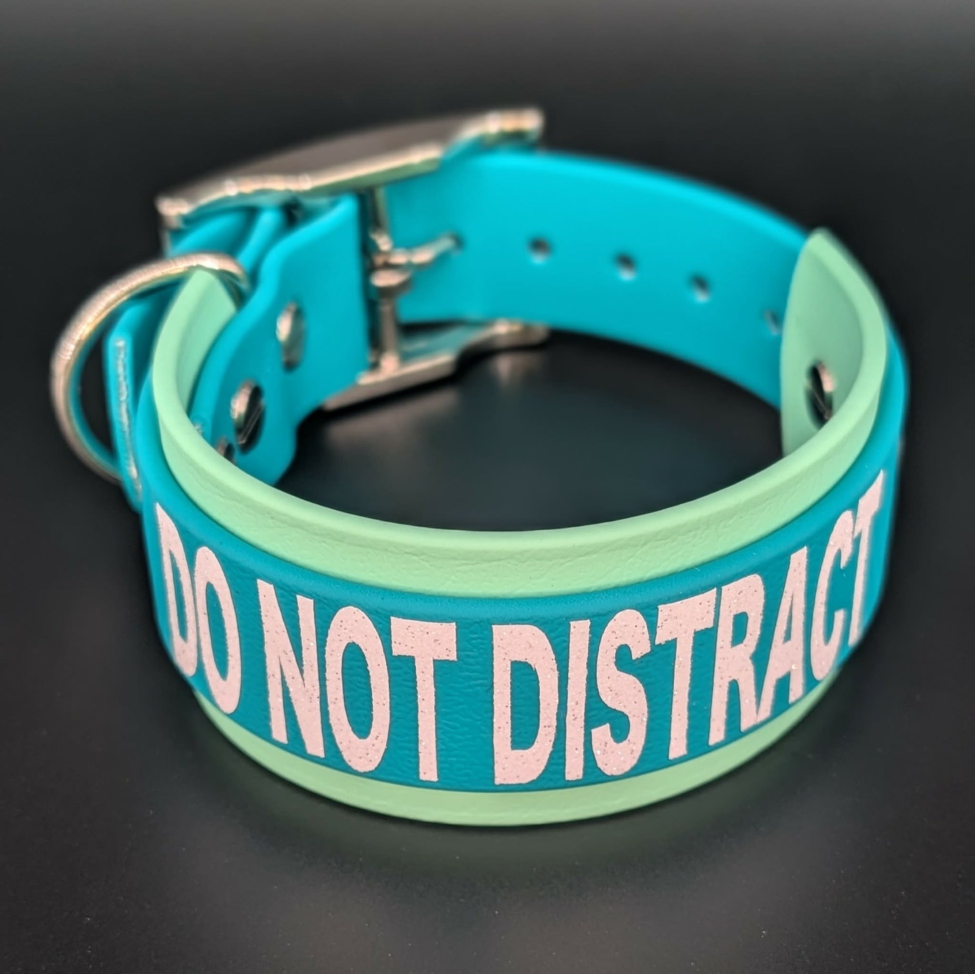 mint green and teal layered biothane dog collar do not distract text