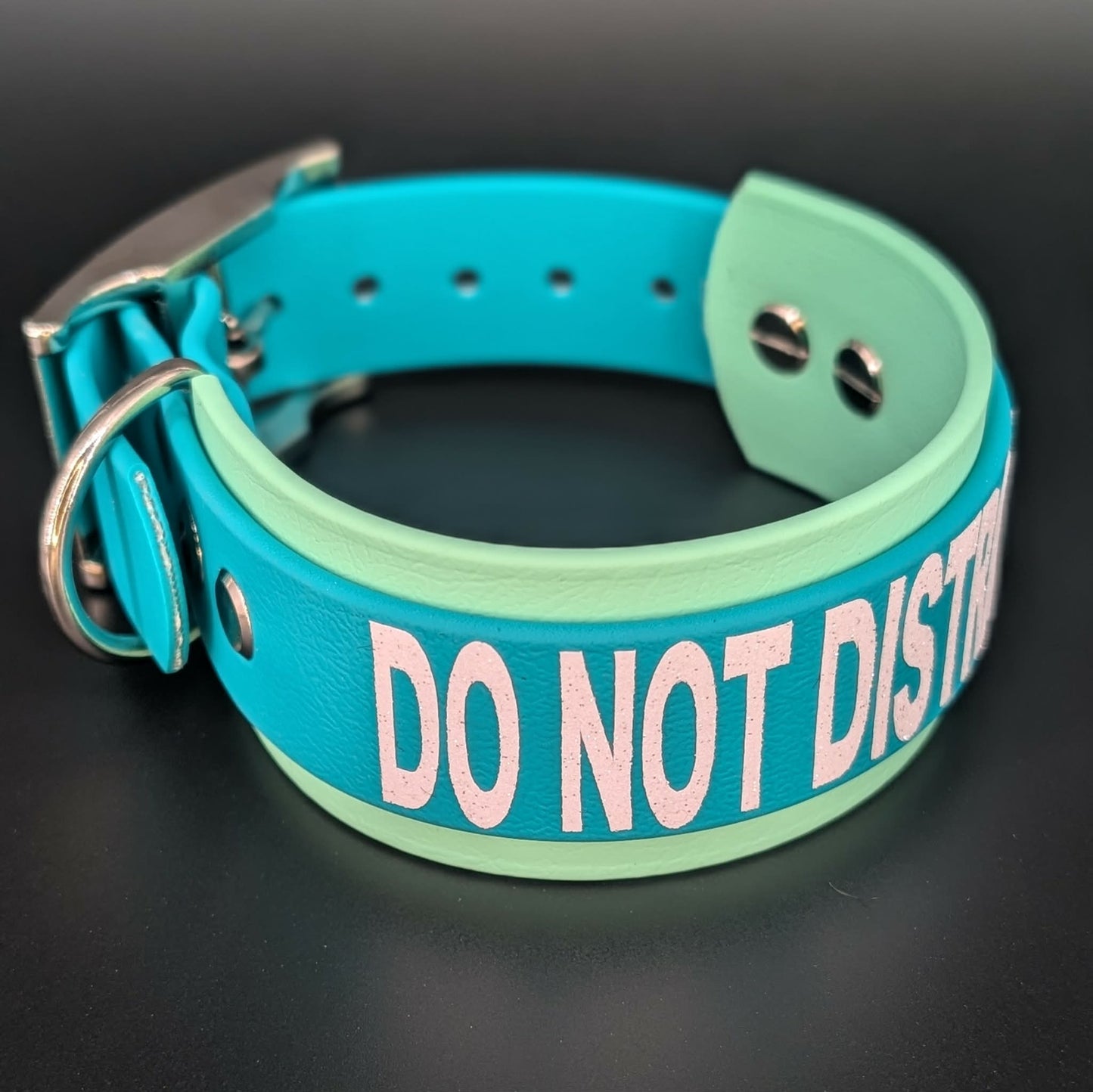 mint green and teal layered biothane dog collar do not distract