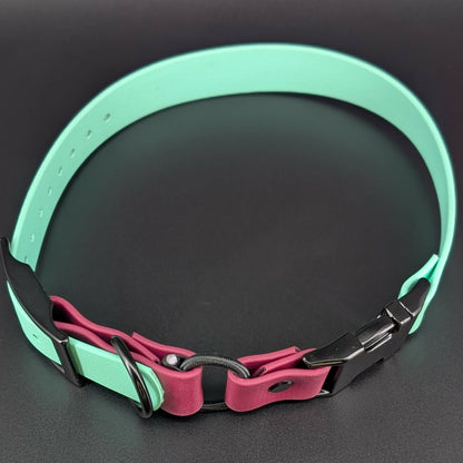 mint green and wine biothane e-collar strap with bungee and black quick release buckle